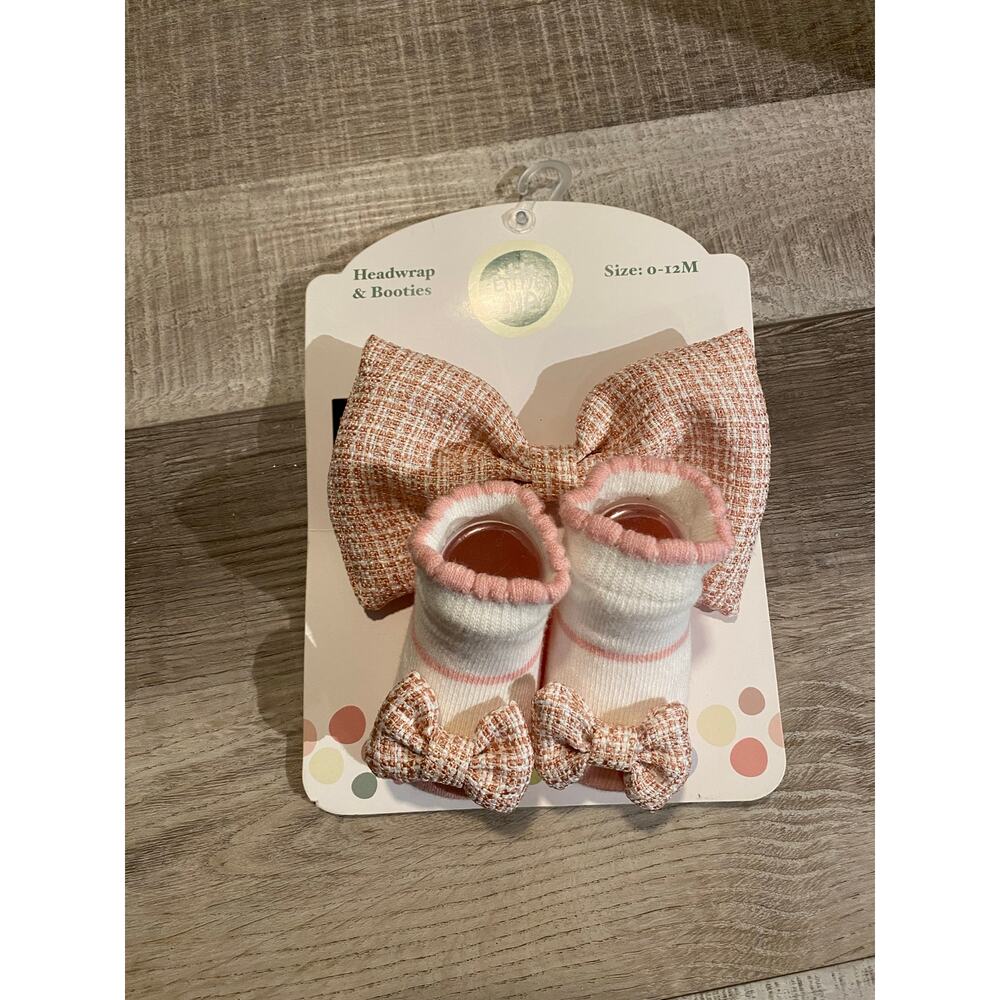 Little Me Baby Girl NWT Headwrap & Booties Set Pink Tweed Bow 0-12 Months